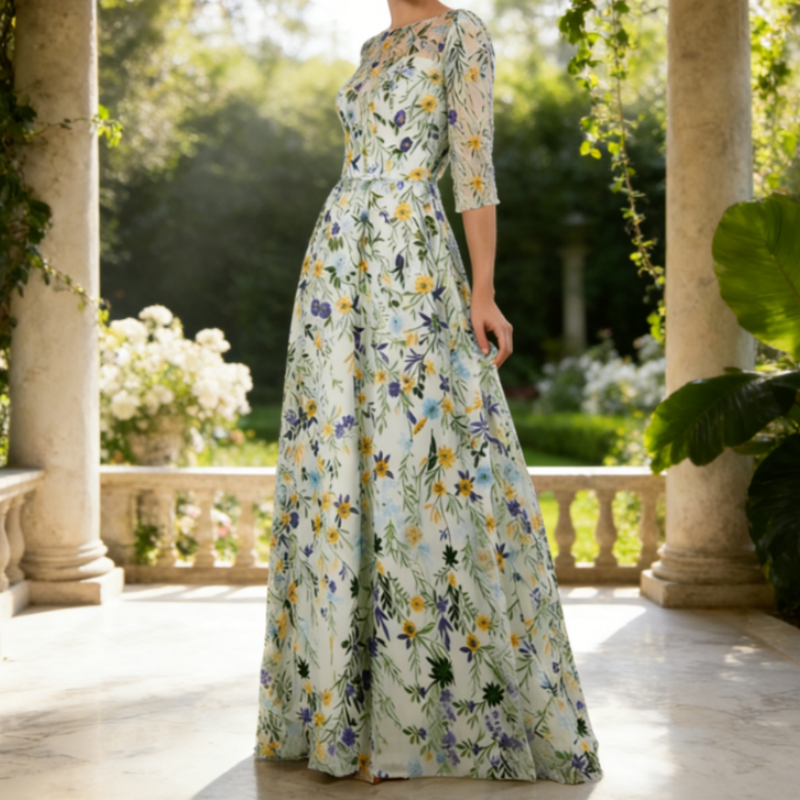 Elegantes Abendkleid mit Floralem Stickerei-Design – Exquisite A-Linie & Dreiviertel-Ärmel