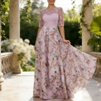 Elegantes Abendkleid mit Pastellfarbener Stickerei – Exquisite A-Linie & Halbarm