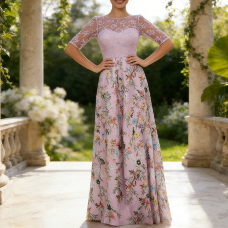Elegantes Abendkleid mit Pastellfarbener Stickerei – Exquisite A-Linie & Halbarm