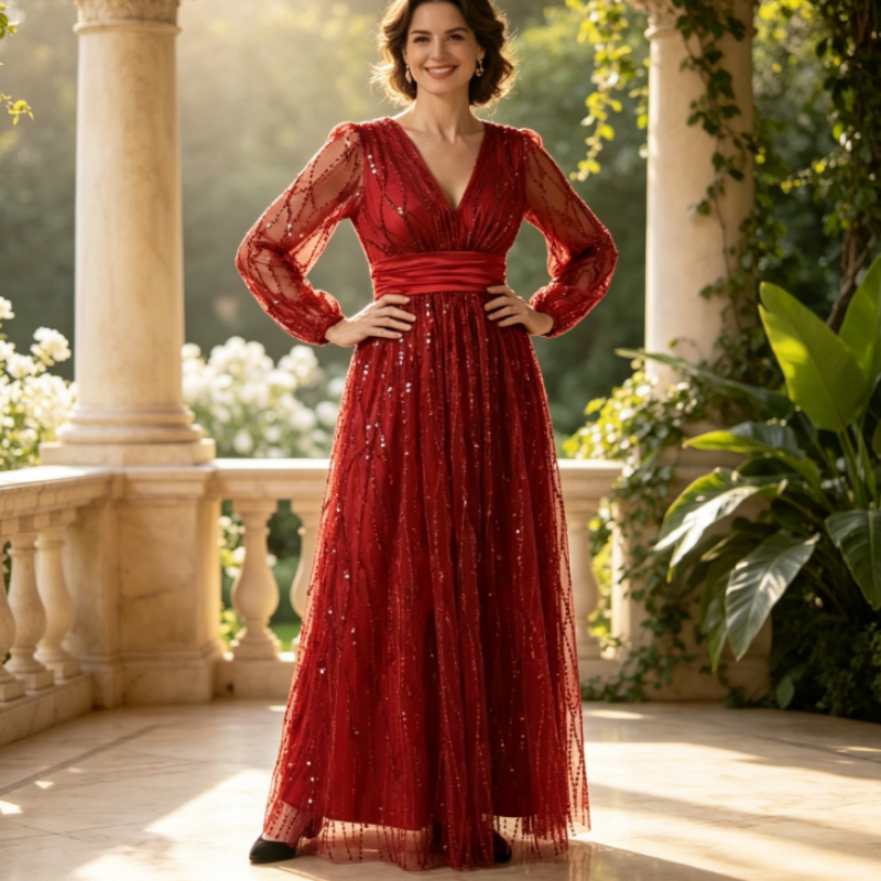 Abendkleid Lang Rot mit Pailletten - Elegantes V-Ausschnitt Maxikleid & A-Linie Festkleid mit Ärmeln