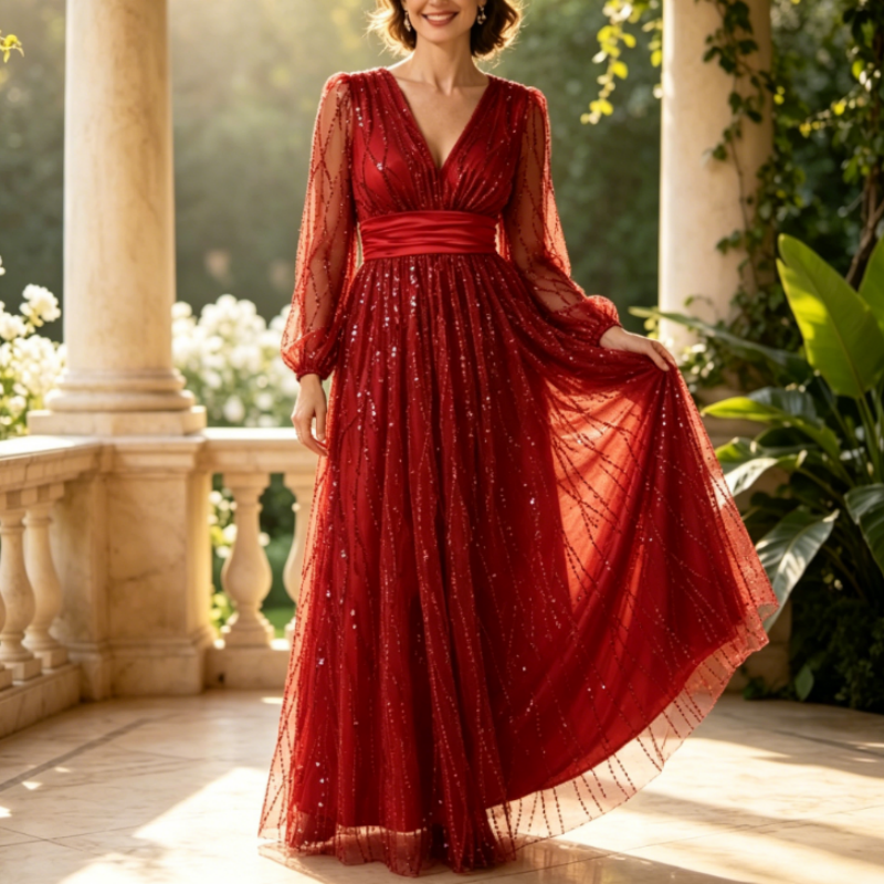 Abendkleid Lang Rot mit Pailletten - Elegantes V-Ausschnitt Maxikleid & A-Linie Festkleid mit Ärmeln