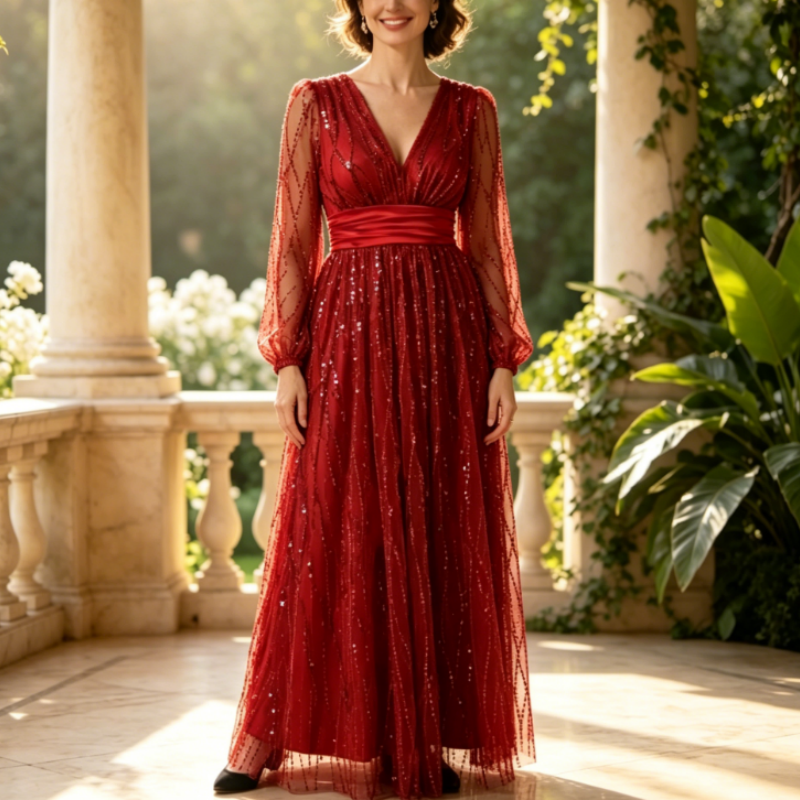 Abendkleid Lang Rot mit Pailletten - Elegantes V-Ausschnitt Maxikleid & A-Linie Festkleid mit Ärmeln