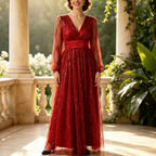 Abendkleid Lang Rot mit Pailletten - Elegantes V-Ausschnitt Maxikleid & A-Linie Festkleid mit Ärmeln