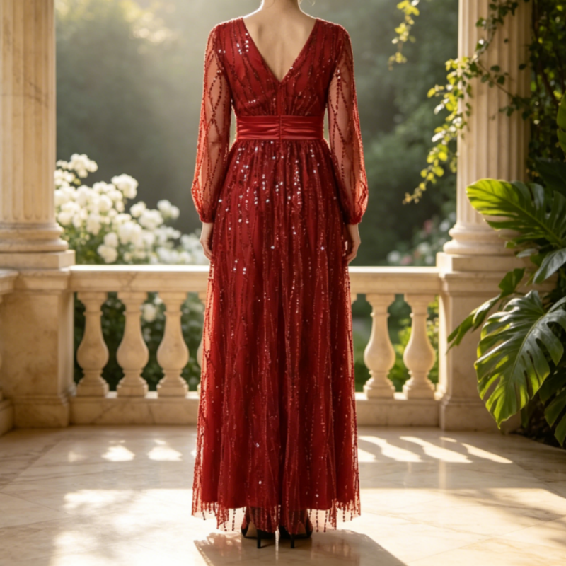Abendkleid Lang Rot mit Pailletten - Elegantes V-Ausschnitt Maxikleid & A-Linie Festkleid mit Ärmeln