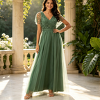 Abendkleid Lang Salbeigrün - Elegantes Maxikleid mit Spitze & Tüll, V-Ausschnitt A-Linie Festkleid
