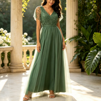 Abendkleid Lang Salbeigrün - Elegantes Maxikleid mit Spitze & Tüll, V-Ausschnitt A-Linie Festkleid
