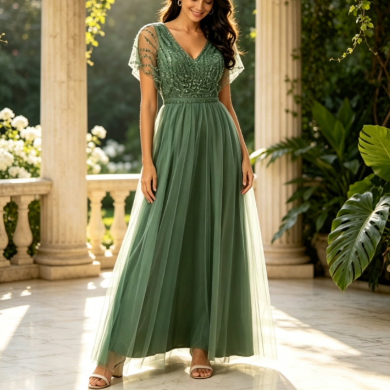 Abendkleid Lang Salbeigrün - Elegantes Maxikleid mit Spitze & Tüll, V-Ausschnitt A-Linie Festkleid