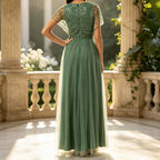 Abendkleid Lang Salbeigrün - Elegantes Maxikleid mit Spitze & Tüll, V-Ausschnitt A-Linie Festkleid