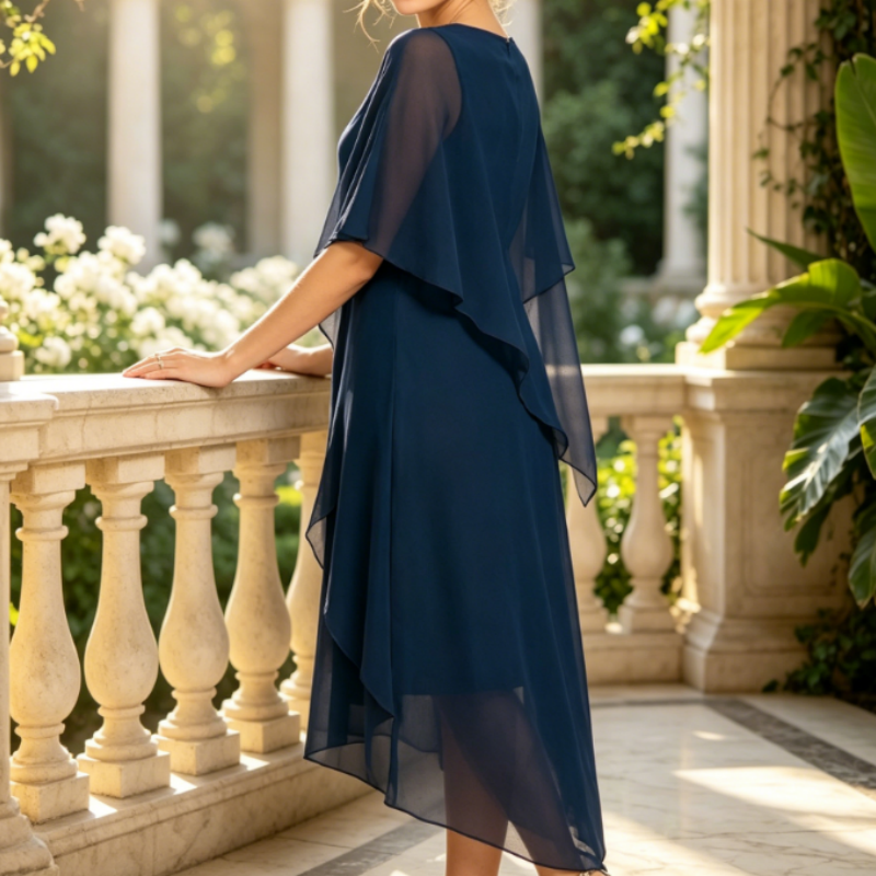Chiffon Abendkleid in Dunkelblau - Elegantes Lagenlook Kaschierendes Festkleid mit Cape-Ärmeln