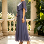 Damen Maxikleid Pastellblau - Fließendes Chiffon-Abendkleid mit U-Boot-Ausschnitt & Elegantem Faltenwurf