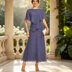 Damen Maxikleid Pastellblau - Fließendes Chiffon-Abendkleid mit U-Boot-Ausschnitt & Elegantem Faltenwurf