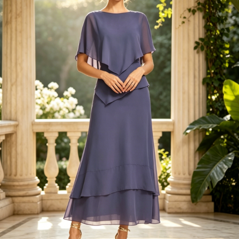 Damen Maxikleid Pastellblau - Fließendes Chiffon-Abendkleid mit U-Boot-Ausschnitt & Elegantem Faltenwurf