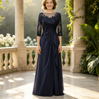 Kleid für Mutter der Braut Lang Marineblau - Elegantes Abendkleid mit Spitze & 3/4 Ärmeln, Kaschierende A-Linie