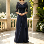 Kleid für Mutter der Braut Lang Marineblau - Elegantes Abendkleid mit Spitze & 3/4 Ärmeln, Kaschierende A-Linie