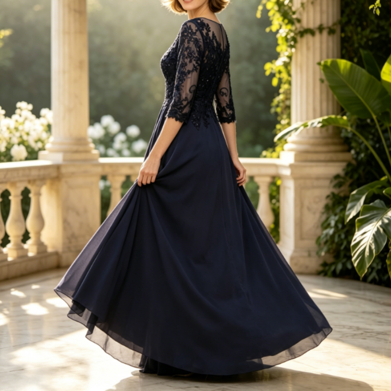 Kleid für Mutter der Braut Lang Marineblau - Elegantes Abendkleid mit Spitze & 3/4 Ärmeln, Kaschierende A-Linie