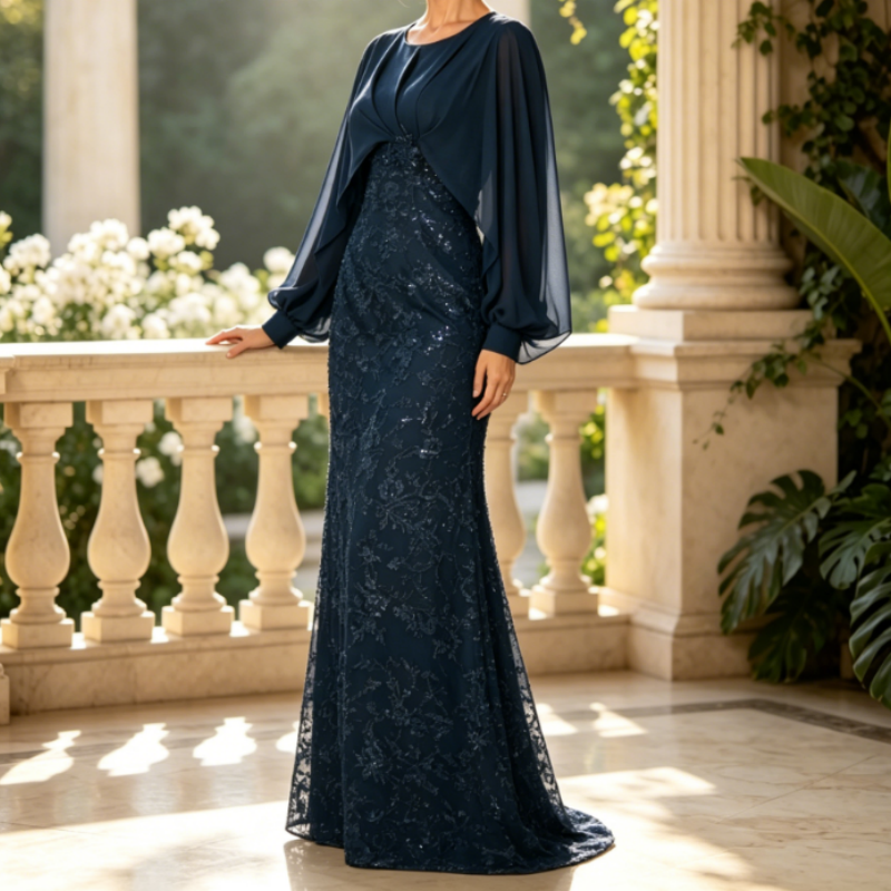 Kleid für Mutter der Braut Lang Marineblau - Elegantes Abendkleid mit Chiffon-Cape & Spitzenrock, A-Linie