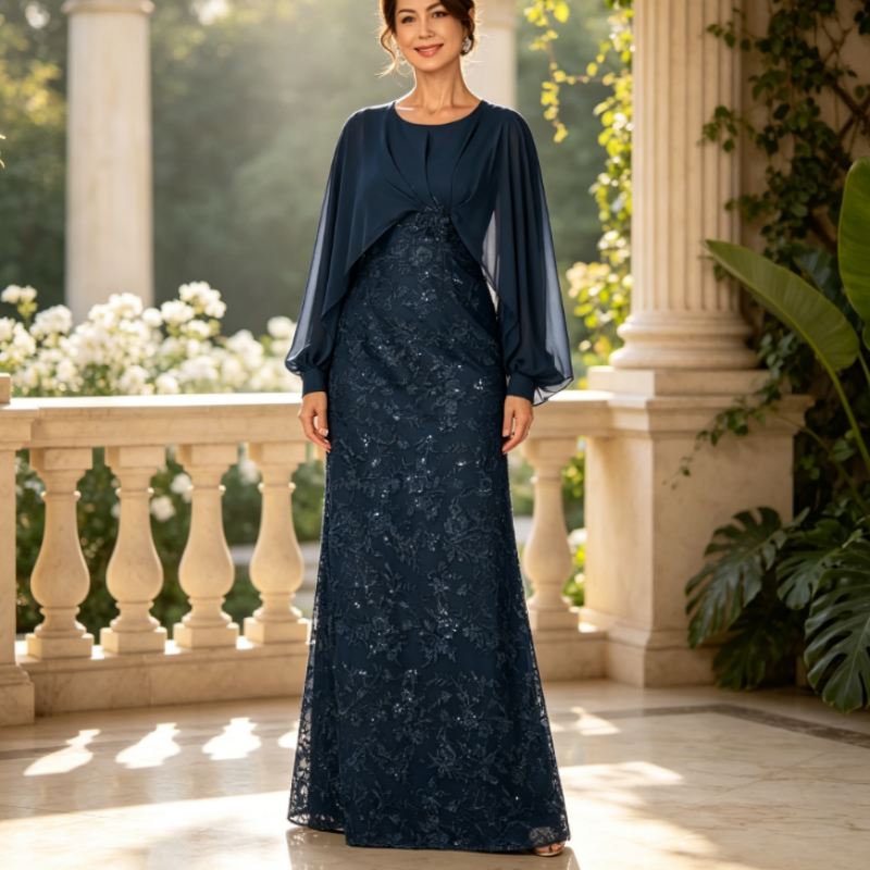 Kleid für Mutter der Braut Lang Marineblau - Elegantes Abendkleid mit Chiffon-Cape & Spitzenrock, A-Linie