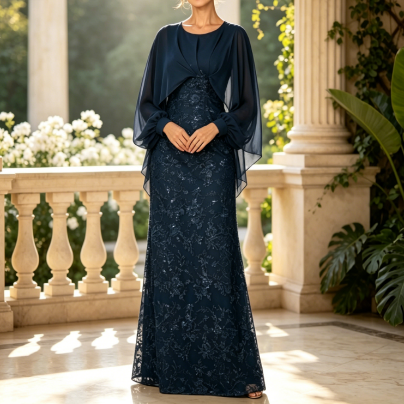 Kleid für Mutter der Braut Lang Marineblau - Elegantes Abendkleid mit Chiffon-Cape & Spitzenrock, A-Linie