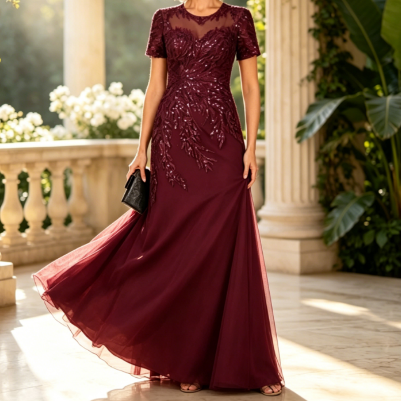 Elegant Cap-Sleeve Grape Sequin Appliqué Floor-Length Special Occasion Gown