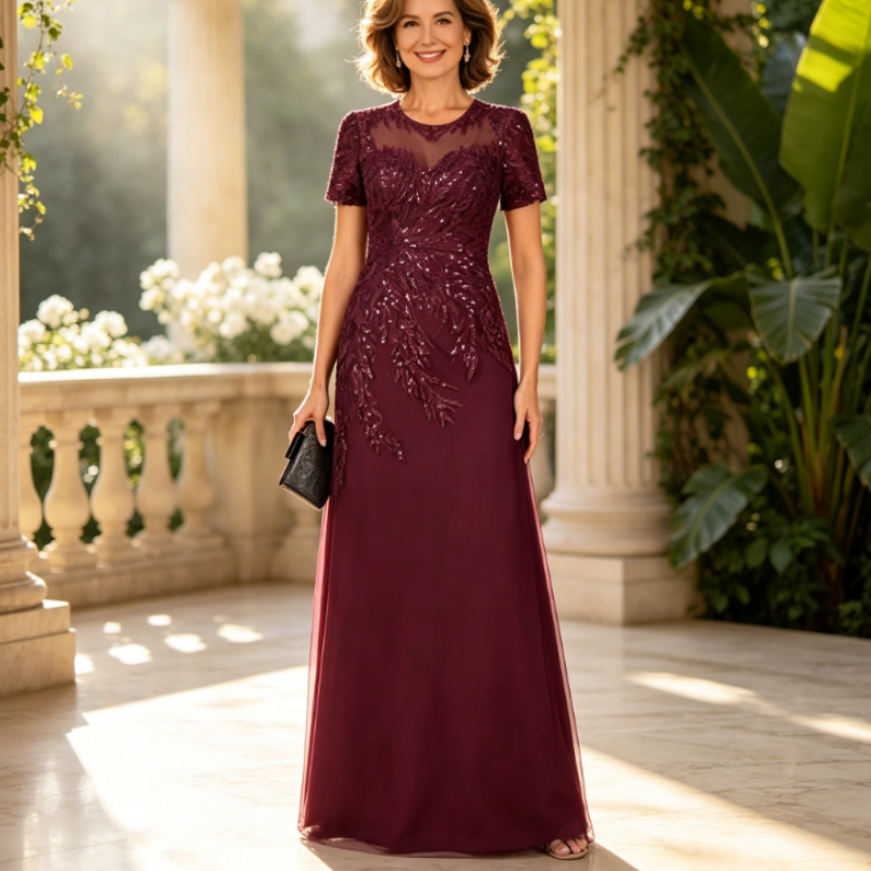 Elegant Cap-Sleeve Grape Sequin Appliqué Floor-Length Special Occasion Gown