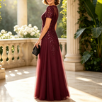 Elegant Cap-Sleeve Grape Sequin Appliqué Floor-Length Special Occasion Gown