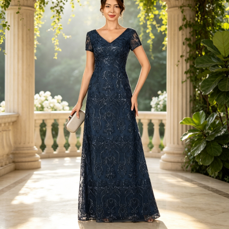 Elegant Navy Blue Sequin Lace Evening Gown - V-Neck Cap Sleeve A-Line Formal Maxi Dress for Women