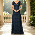 Elegant Navy Blue Sequin Lace Evening Gown - V-Neck Cap Sleeve A-Line Formal Maxi Dress for Women