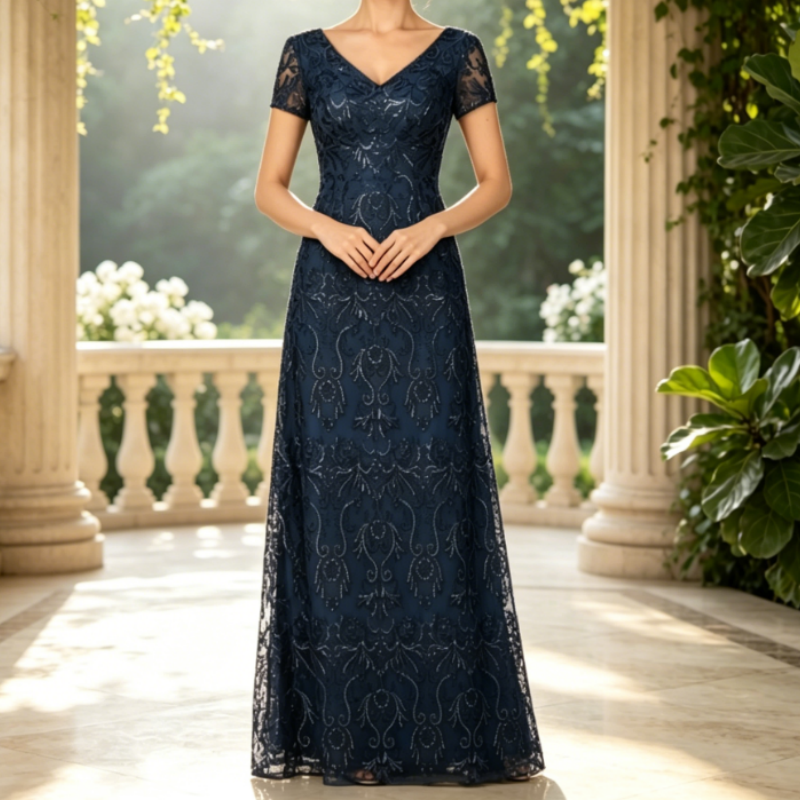 Elegant Navy Blue Sequin Lace Evening Gown - V-Neck Cap Sleeve A-Line Formal Maxi Dress for Women