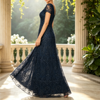 Elegant Navy Blue Sequin Lace Evening Gown - V-Neck Cap Sleeve A-Line Formal Maxi Dress for Women