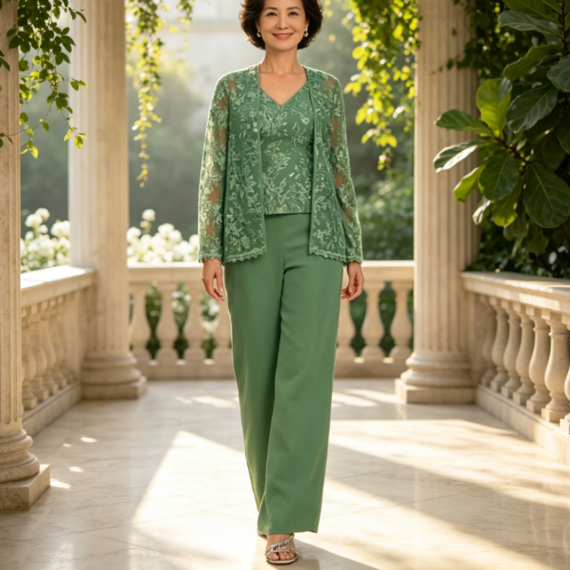 Elegant 3-Piece Sage Green Lace Pant Suit with Formal Jacket - Chiffon Evening Set for Women
