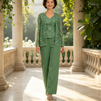 Elegant 3-Piece Sage Green Lace Pant Suit with Formal Jacket - Chiffon Evening Set for Women