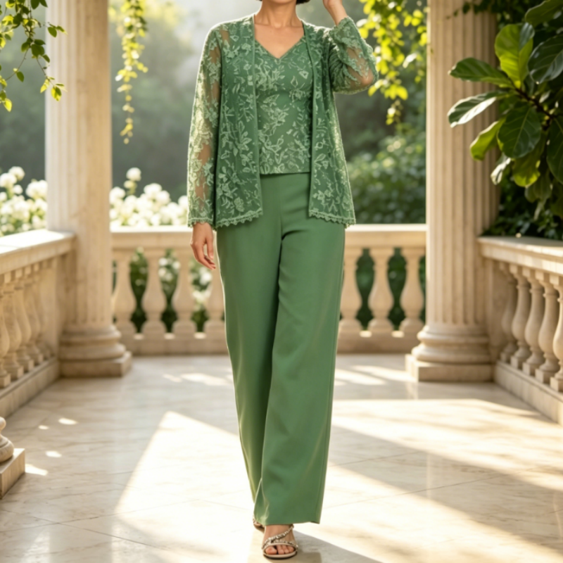 Elegant 3-Piece Sage Green Lace Pant Suit with Formal Jacket - Chiffon Evening Set for Women