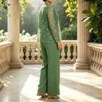 Elegant 3-Piece Sage Green Lace Pant Suit with Formal Jacket - Chiffon Evening Set for Women