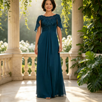 Elegant Teal Blue Chiffon Evening Gown with Lace Cape Sleeves - A-Line Floor-Length Formal Dress