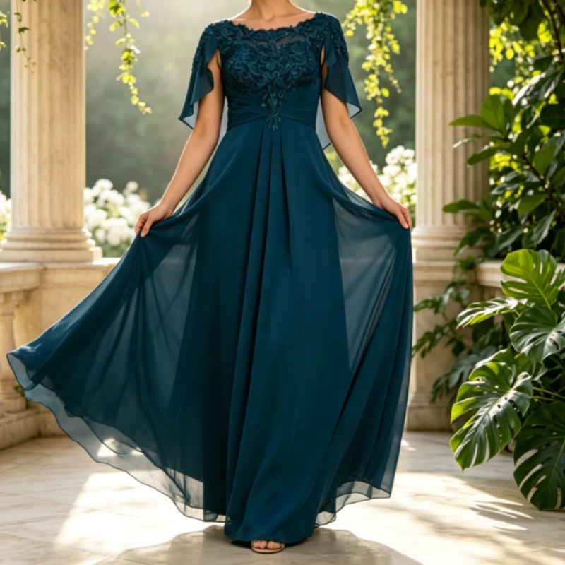 Elegant Teal Blue Chiffon Evening Gown with Lace Cape Sleeves - A-Line Floor-Length Formal Dress