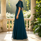 Elegant Teal Blue Chiffon Evening Gown with Lace Cape Sleeves - A-Line Floor-Length Formal Dress