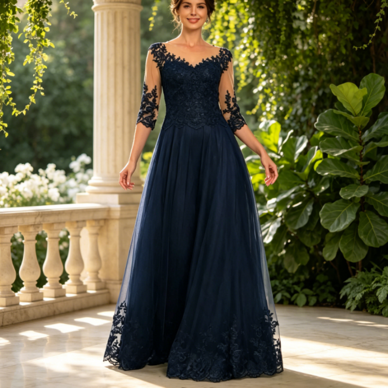 Elegant Navy Blue Lace Embroidery Evening Gown - 3/4 Sleeve A-Line Tulle Formal Maxi Dress for Women
