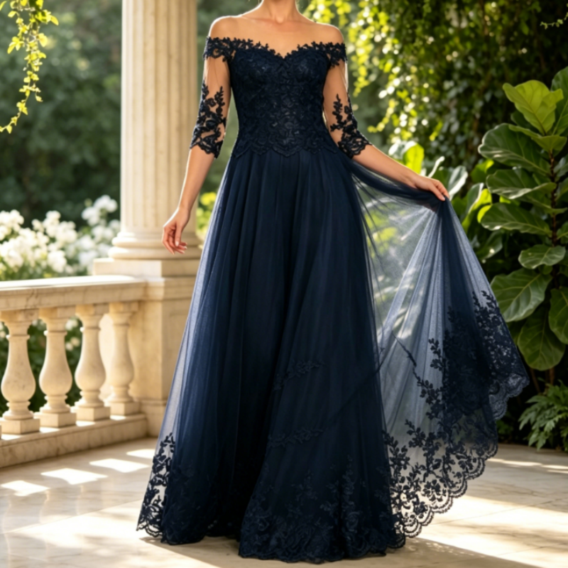 Elegant Navy Blue Lace Embroidery Evening Gown - 3/4 Sleeve A-Line Tulle Formal Maxi Dress for Women