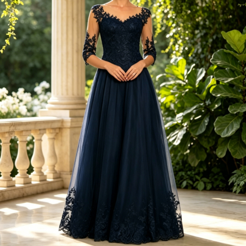 Elegant Navy Blue Lace Embroidery Evening Gown - 3/4 Sleeve A-Line Tulle Formal Maxi Dress for Women