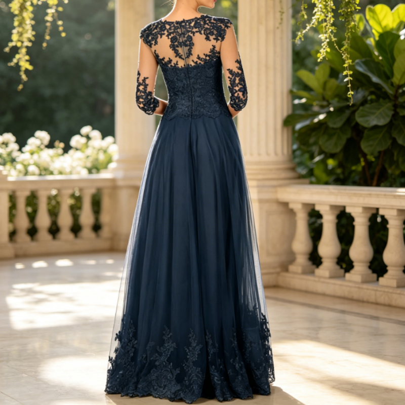 Elegant Navy Blue Lace Embroidery Evening Gown - 3/4 Sleeve A-Line Tulle Formal Maxi Dress for Women