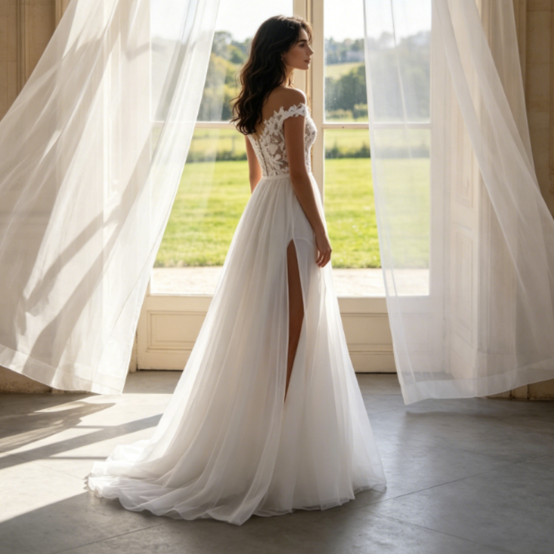 Elfenbeinweißes Maxikleid mit Schlitz und floraler Spitze – Modernes Abendkleid