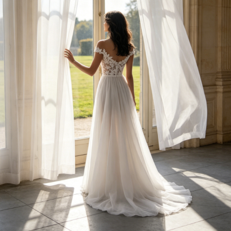 Elfenbeinweißes Maxikleid mit Schlitz und floraler Spitze – Modernes Abendkleid