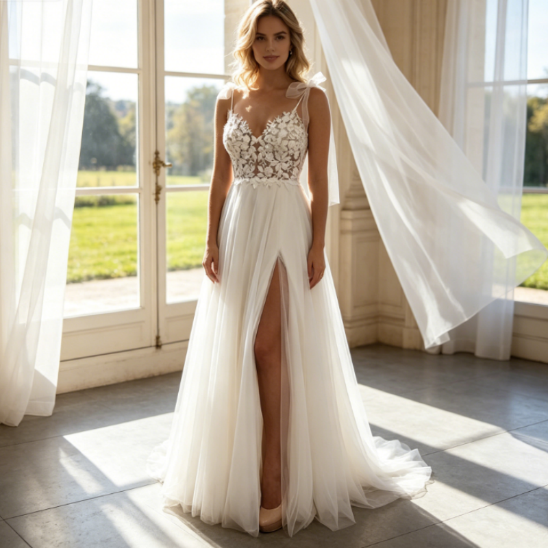 Elegantes Tüllkleid in Elfenbein mit floraler Spitze & Beinschlitz