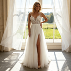 Elegantes Tüllkleid in Elfenbein mit floraler Spitze & Beinschlitz