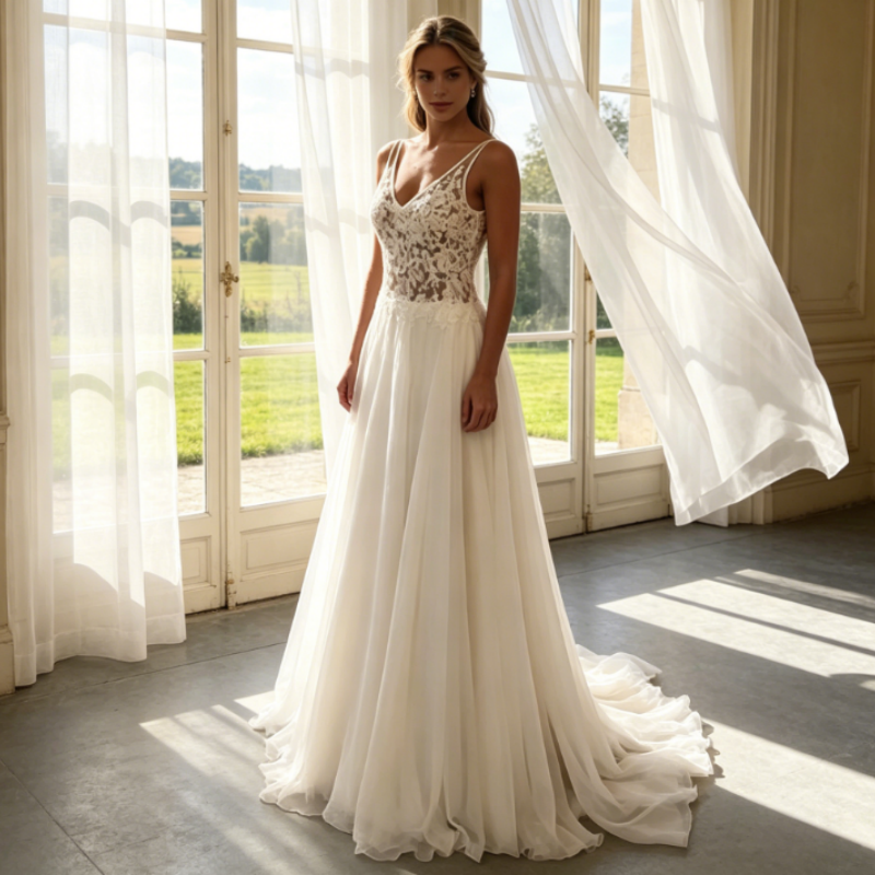 Elfenbeinweißes Tüll-Maxikleid mit V-Ausschnitt & bestickter Spitze