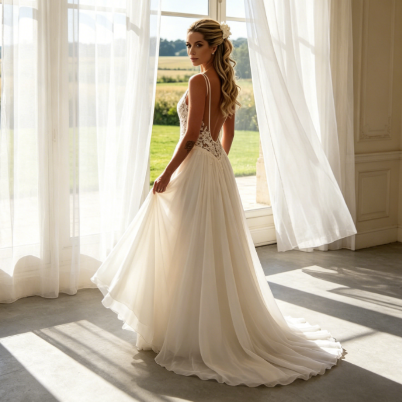 Elfenbeinweißes Tüll-Maxikleid mit V-Ausschnitt & bestickter Spitze
