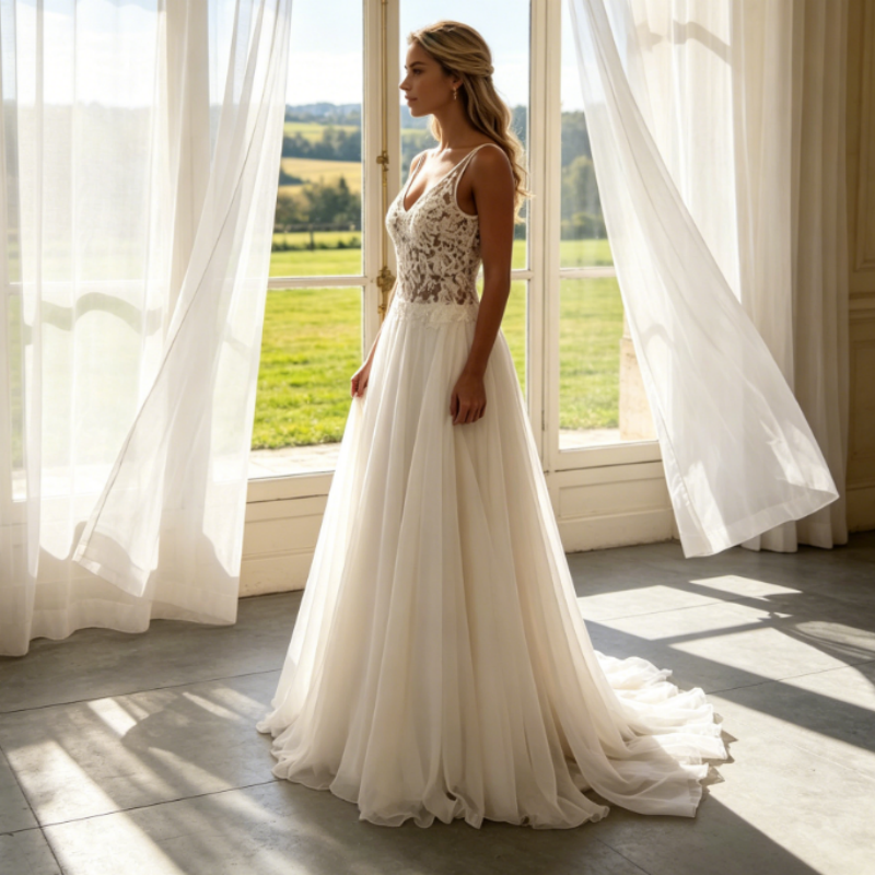 Elfenbeinweißes Tüll-Maxikleid mit V-Ausschnitt & bestickter Spitze