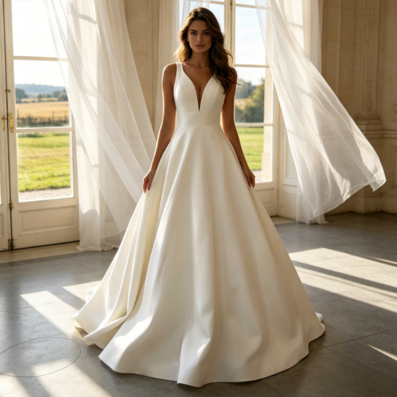 Elfenbeinweißes Tüll-Maxikleid mit Beinschlitz – Florale Spitze & V-Ausschnitt