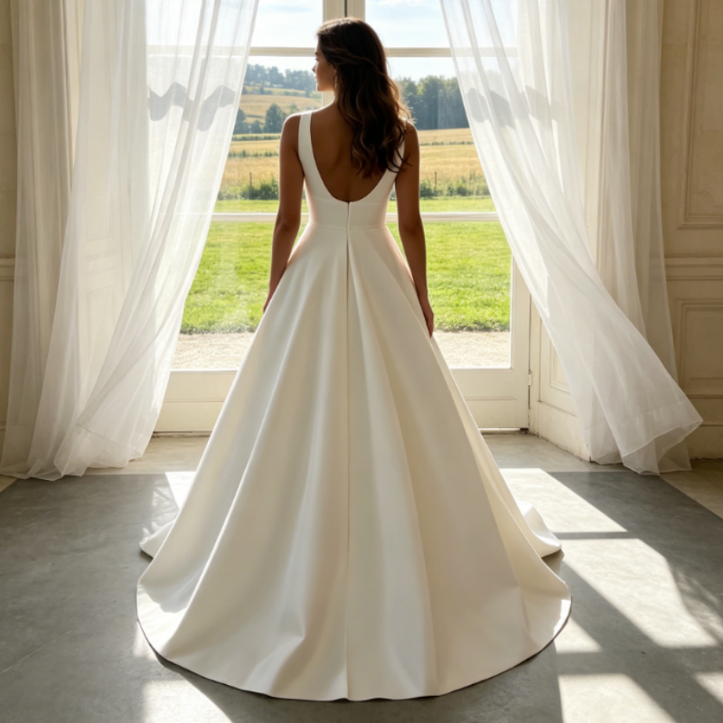 Elfenbeinweißes Tüll-Maxikleid mit Beinschlitz – Florale Spitze & V-Ausschnitt