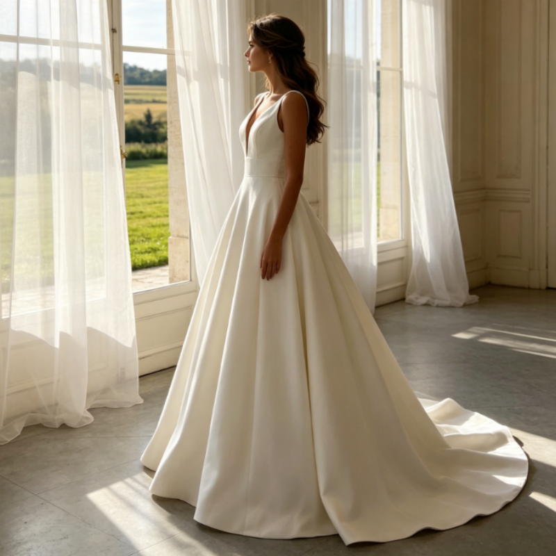 Elfenbeinweißes Tüll-Maxikleid mit Beinschlitz – Florale Spitze & V-Ausschnitt